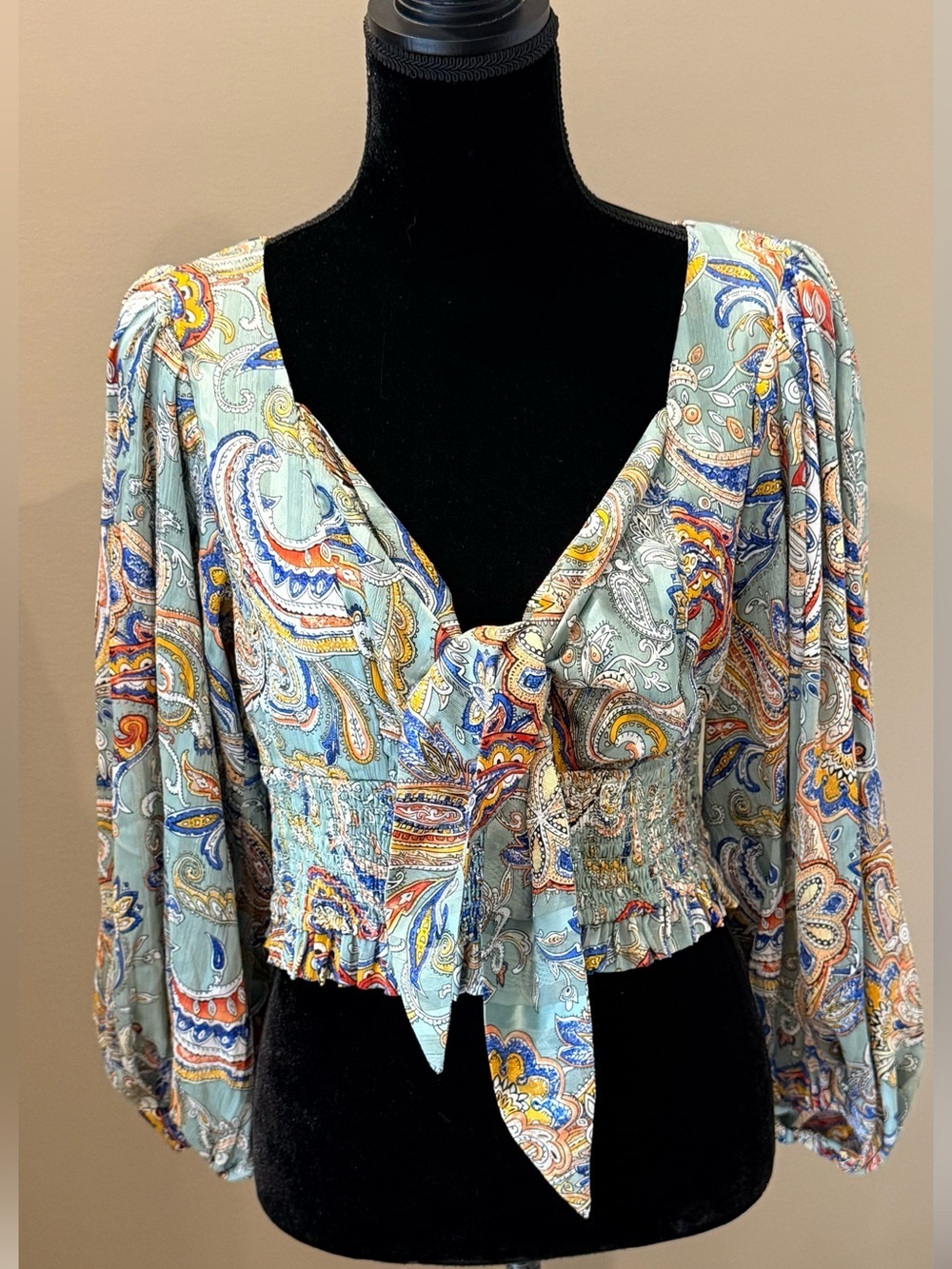 Women’s ELLIATT Tie front paisley print cropped blouse- Size large
